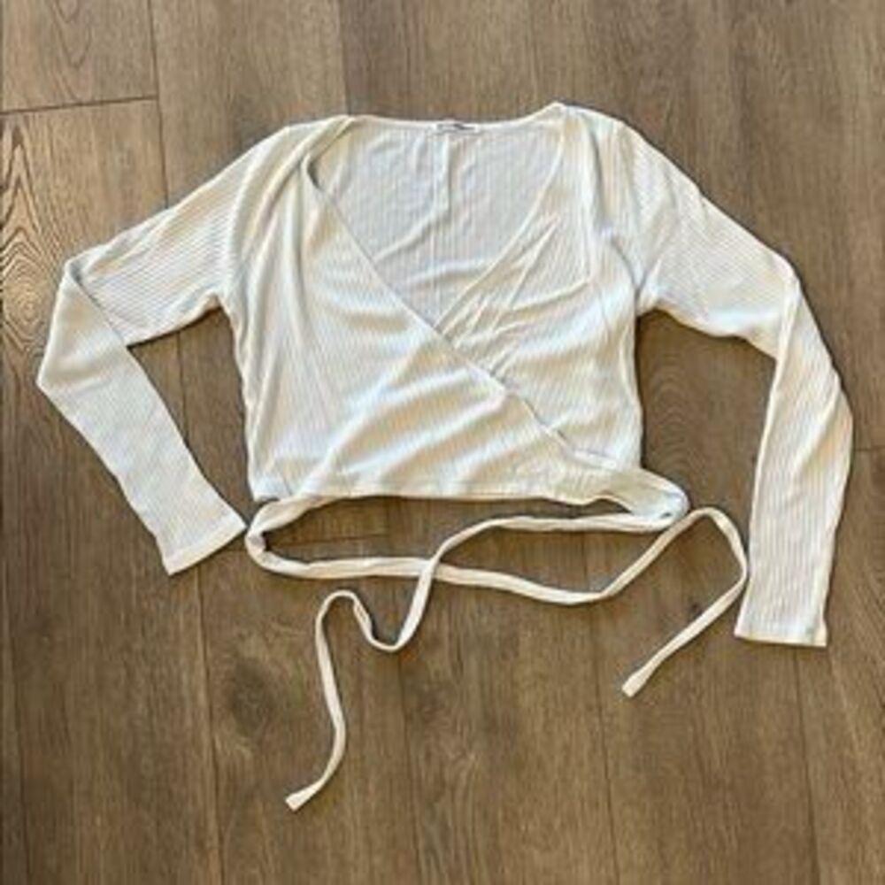 Reformation Petals Wrap Ribbed Knit Long Sleeve Top Blouse White Large - Picture 3 of 8
